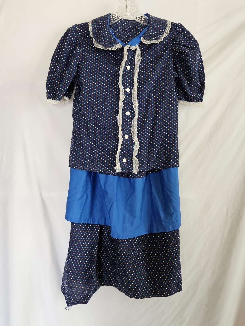 Girls Vintage Calico Print Classic Navy Girls' Costume Dress with Blue Apron